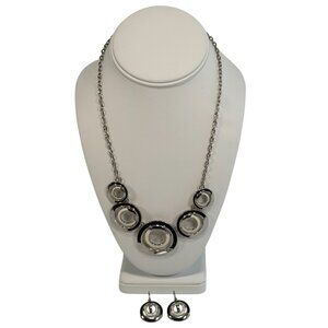 Vintage Silver Tone Geometric Circle Enamel Statement Bib Necklace & Earring Set